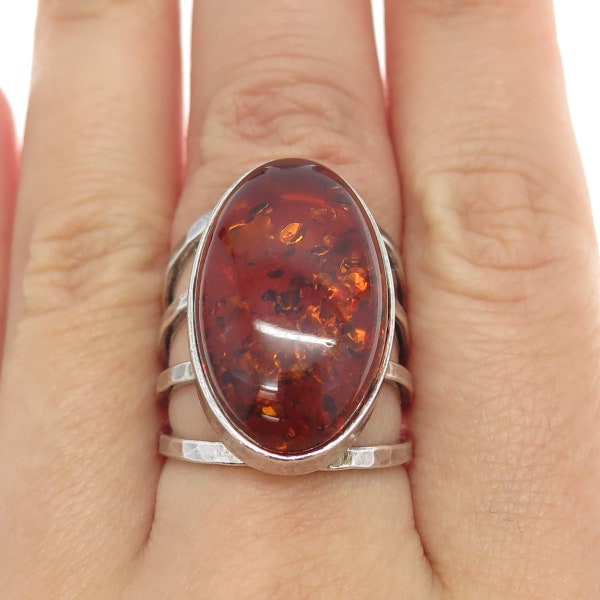 VALERIO V8 Sterling Silver Vintage Poland Real Amber Modernist Ring Size 5.75