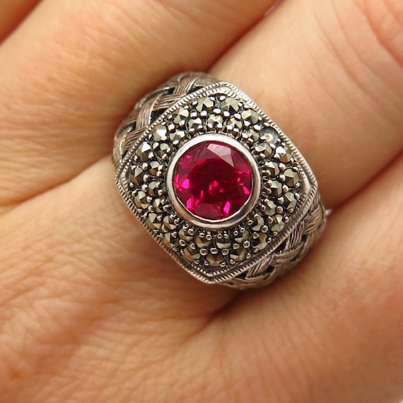 925 Sterling Silver Real Marcasite and Ruby-Tone … - image 1