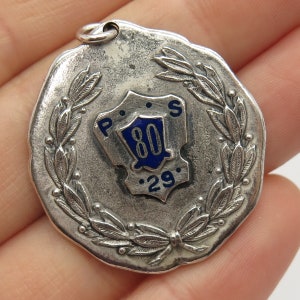 925 Sterling Silver Vintage Lieber Blue Enamel &quot;Service 80 PS&quot; Pendant