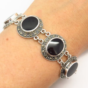 925 Sterling Silver Real Marcasite and Black Onyx Gem Wide Link Bracelet 6 3/4&quot;