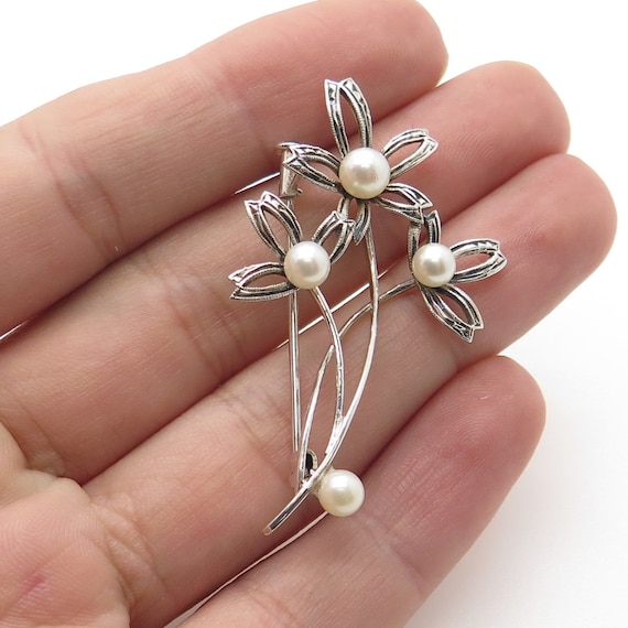 925 Sterling Silver Vintage Real Pearl Floral Pin… - image 1