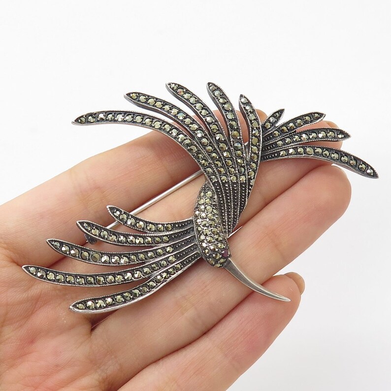 Vintage Signed 925 Silver Real Marcasite Ruby Gem Bird Pin Brooch