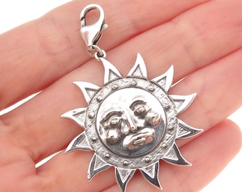 925 Sterling Silver Vintage Sun Face Lobster Lock Clasp Oxidized Pendant