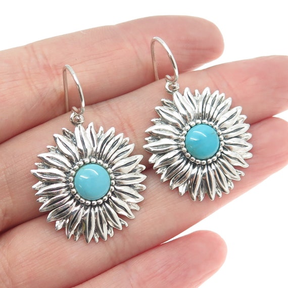 925 Sterling Silver Vintage Real Turquoise Flower… - image 1