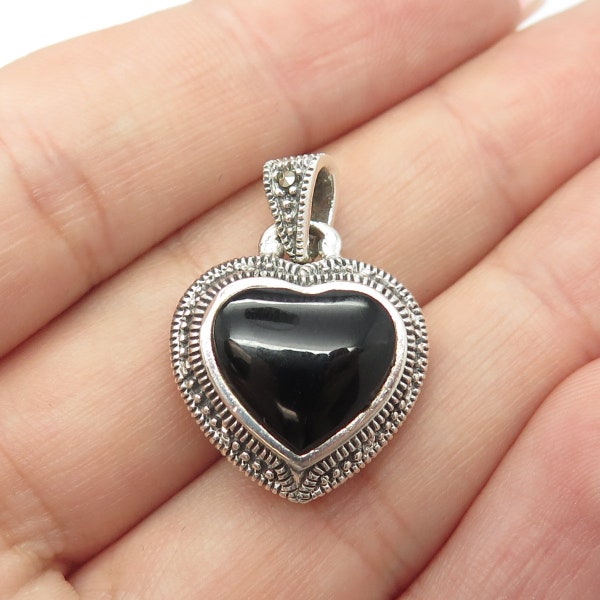 925 Sterling Silver Vintage Real Black Onyx and Marcasite Heart Locket Pendant