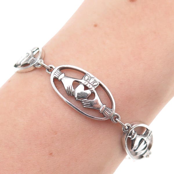 Solvar 925 Sterling Silver Vintage Irish Claddagh Link Oxidized Bracelet 7"