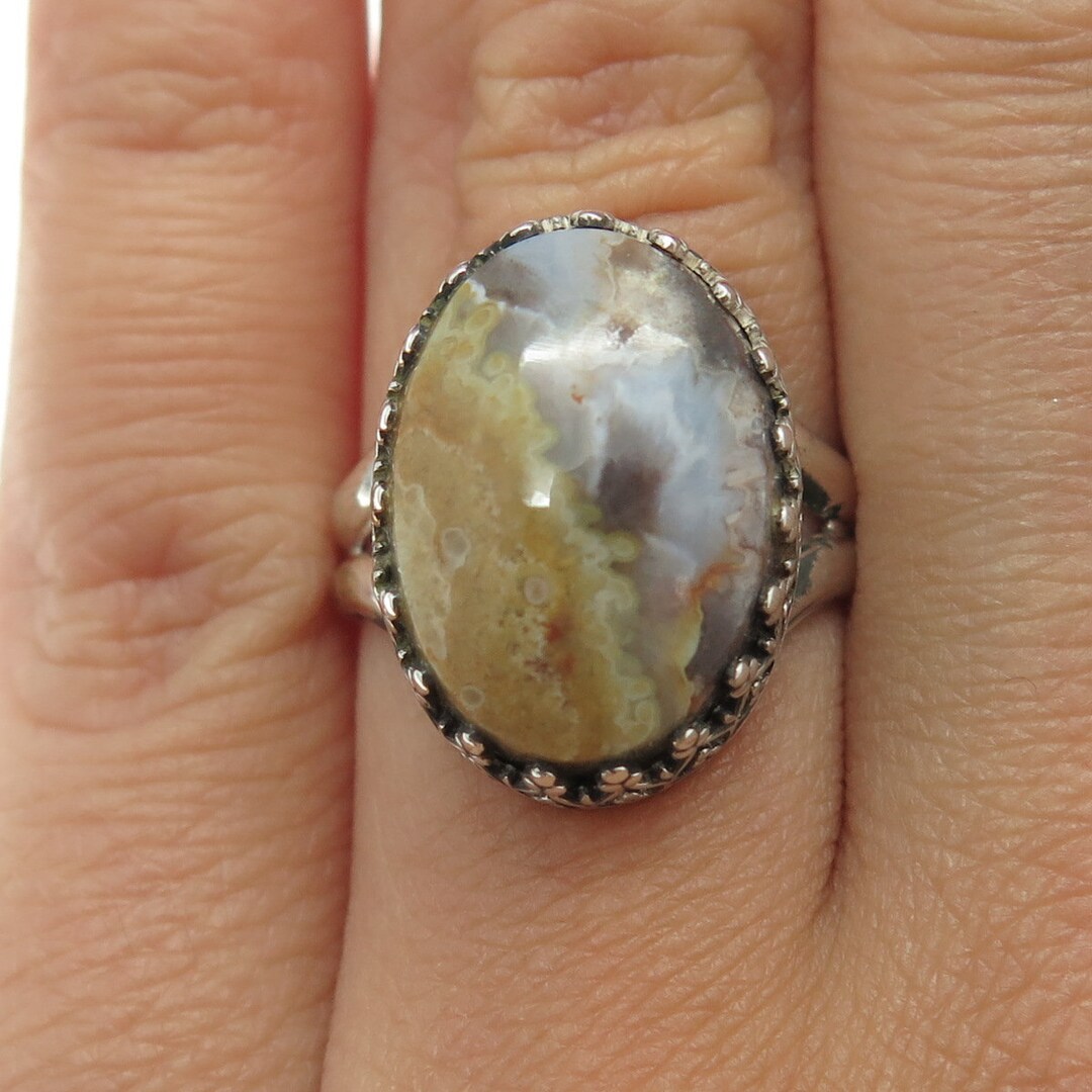 ZEUS 925 Sterling Silver Vintage Real Agate Modenrist Crown Ring