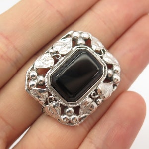 925 Sterling Silver Vintage Real Black Onyx Gemstone Leaf Pin Brooch
