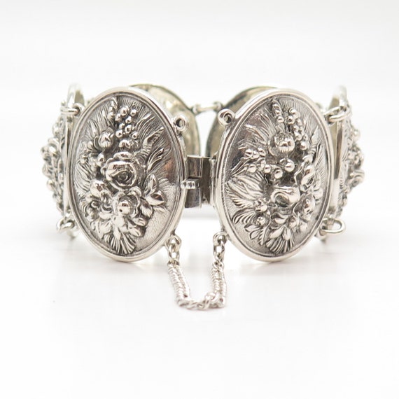 800 Silver Vintage Floral Panel Link Bracelet 7" - image 3