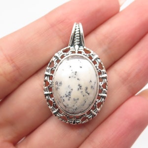 925 Sterling Silver Vintage Real Dendritic Agate Gemstone Oval Pendant
