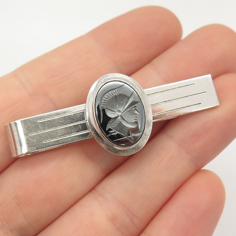 925 Sterling Silver Vintage Wells Real Hematite Gem Warrior Design Tie Clip
