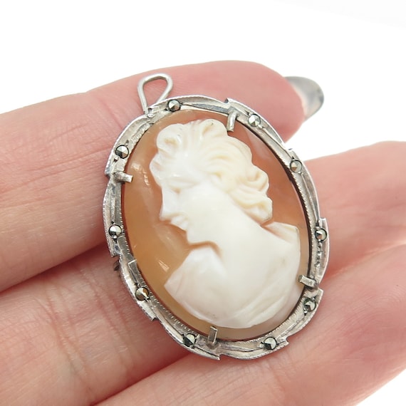 800 Silver Vintage Real Mother-of-Pearl and Marca… - image 1