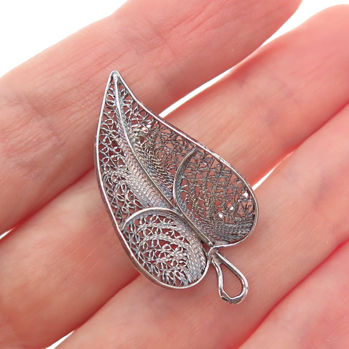 835 Silver Antique Art Deco Portugal Floral Leaf Filigree Oxidized