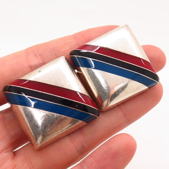 925 Sterling Silver Vintage Mexico Enamel Striped… - image 1