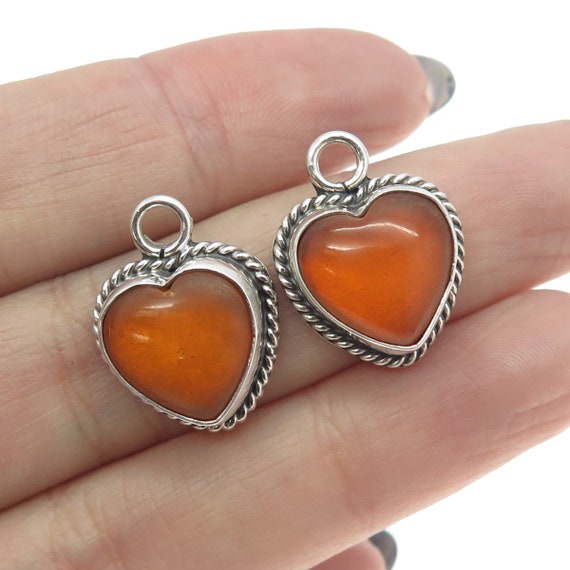925 Sterling Silver Vintage Real Fire Amber Heart… - image 1