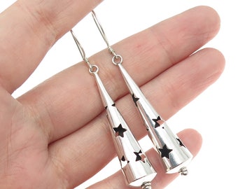 925 Sterling Silver Vintage Modernist Shadow Box Star Cone Dangle Earrings