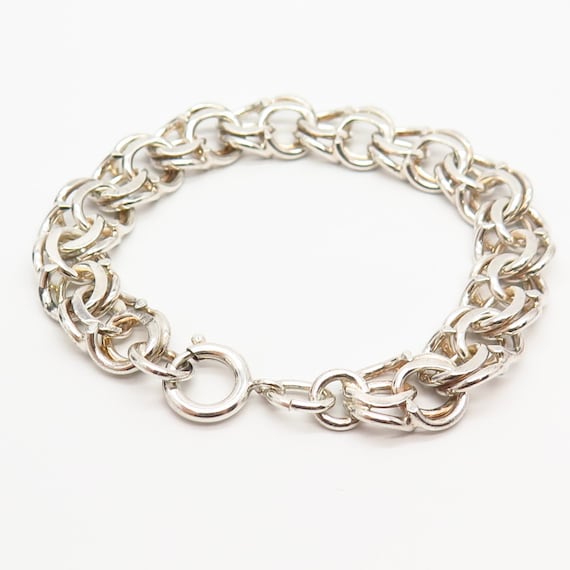 Mexican Charm Bracelet, Sterling Silver, Double Link Chain, Nine