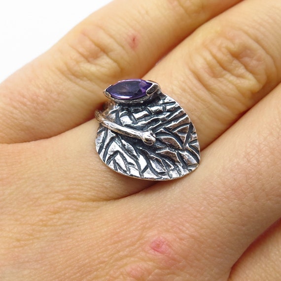 Vintage Purple Amethyst Leaf Marcasite Stones Design Brooch 925 Sterling Silver BB 1871