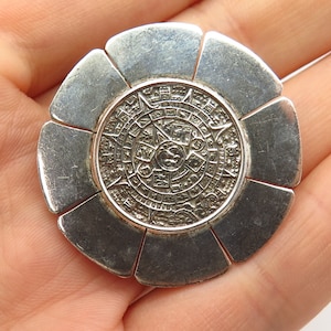 925 Sterling Silver Vintage Mexico Aztec Calendar Pin Brooch / Pendant