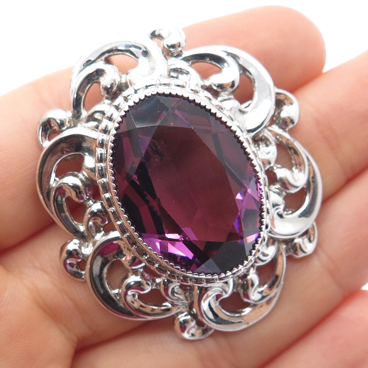 DANECRAFT 925 Sterling Silver Antique Real Amethyst Flower Pin