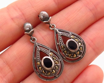 925 Sterling Silver Real Marcasite and Black Onyx Gem Teardrop Dangling Earrings