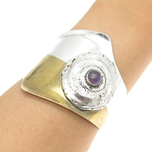 925 Sterling Silver 2-Tone Vintage Real Amethyst Modernist Cuff Bracelet 6.75&quot;