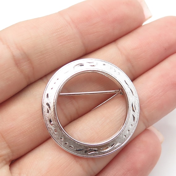 925 Sterling Silver Vintage Engraved Swirl Mesh Open Round Pin Brooch