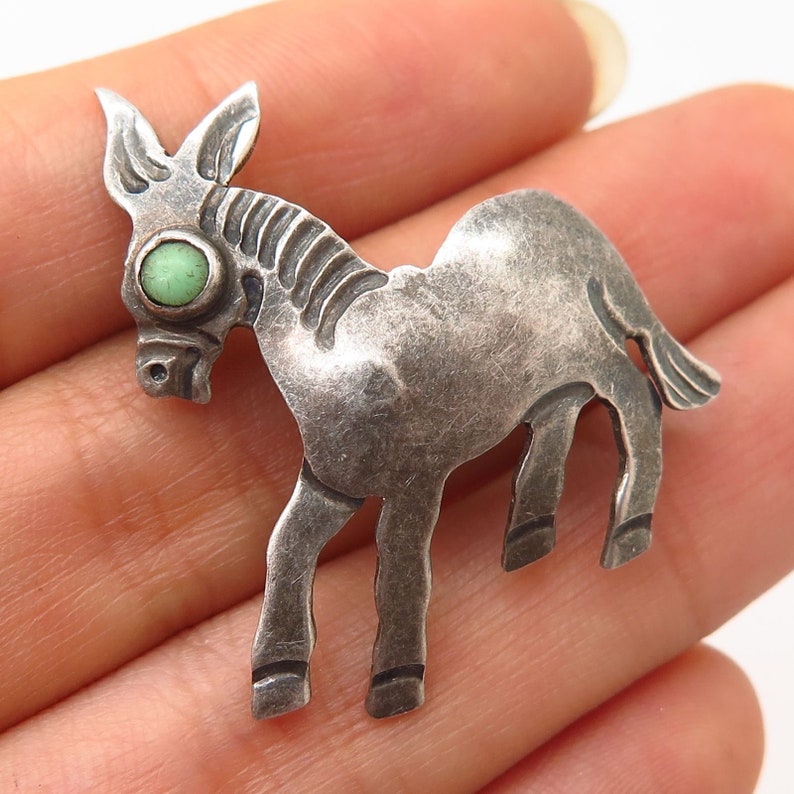 925 Sterling Silver Vintage Mexico Real Turquoise Gemstone Donkey Pin Brooch