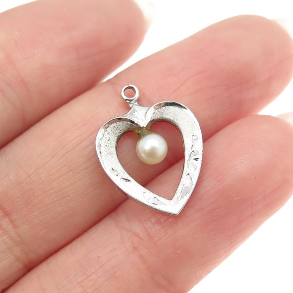 925 Sterling Silver Vintage Real Pearl Engraved Heart Pendant