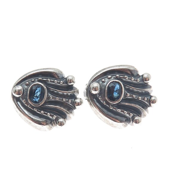 925 Sterling Silver Vintage Real Sapphire Modernist Oxidized Omega Back Earrings View 4