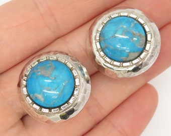 925 Sterling Silver Vintage Real Dyed Howlite Gemstone Round Clip On Earrings