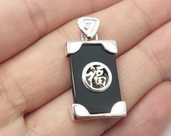 925 Sterling Silver Vintage Real Black Onyx Chinese Character Good Luck Pendant