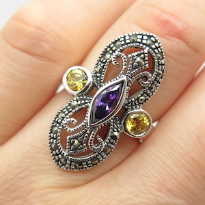 925 Sterling Silver Vintage Marcasite Gem Colorful C Z Statement Ring Size 6 1/4