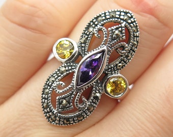 925 Sterling Silver Vintage Marcasite Gem Colorful C Z Statement Ring Size 6 1/4