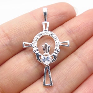 925 Sterling Silver Vintage C Z Irish Claddagh Cross Pendant