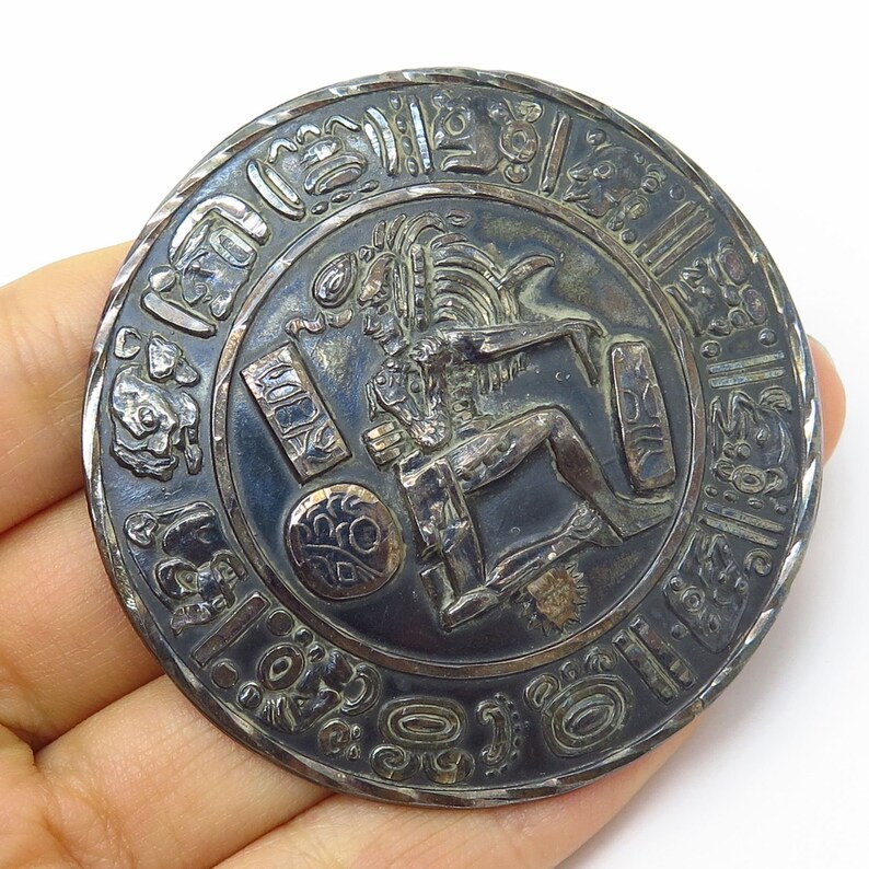 Vintage Mexico Signed 925 Sterling Silver Mayan Calendar Large Pin Brooch Pendant