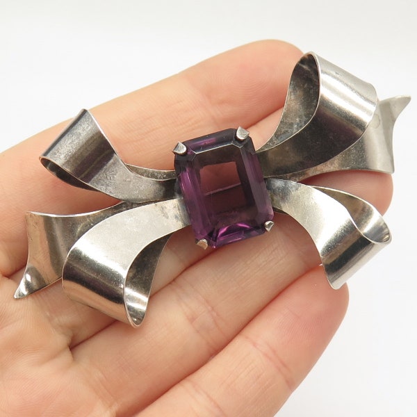 925 Sterling Vintage Walter Lampl Co. Amethyst-Tone Glass Bow Tie Pin Brooch