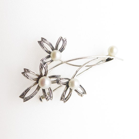 925 Sterling Silver Vintage Real Pearl Floral Pin… - image 6