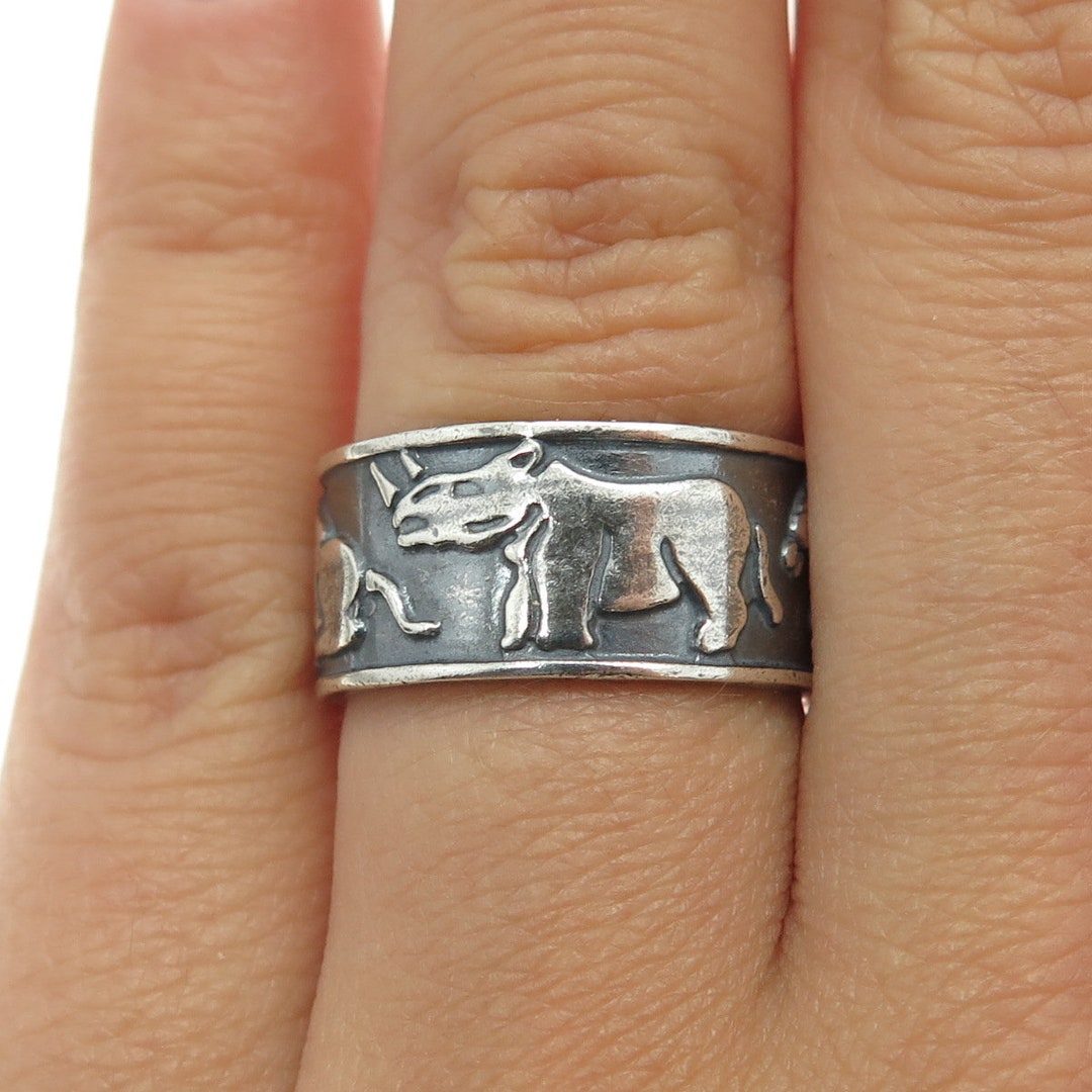925 Sterling Silver Vintage Mexico Rhinoceros Camel Horse Band Ring