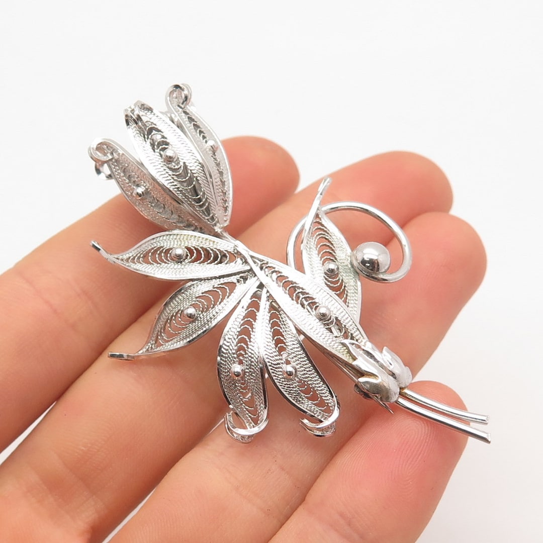 925 Sterling Silver CFG Vintage Filigree Tulip Floral Pin Brooch