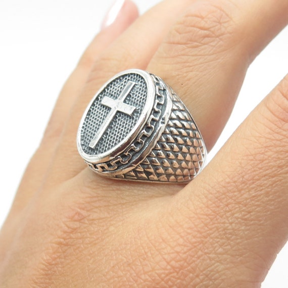 950 Silver Vintage Cross Domed Ring Size 9 - image 2