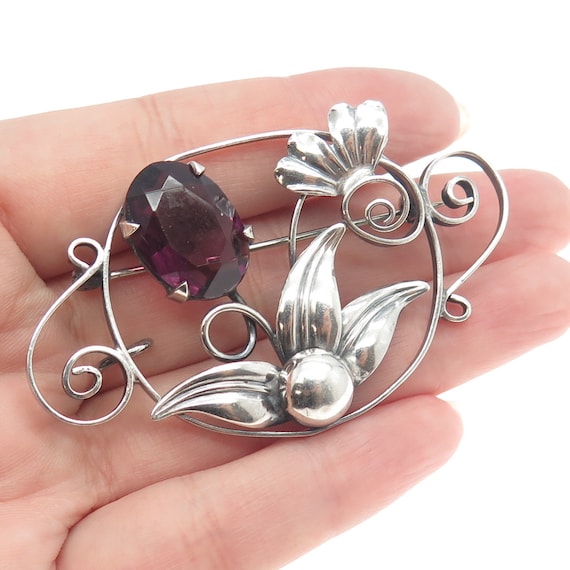 925 Sterling Silver Antique Art Deco Pink Glass Floral Pin 