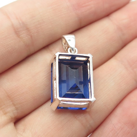 925 Sterling Silver Vintage Blue Glass Pendant - image 2