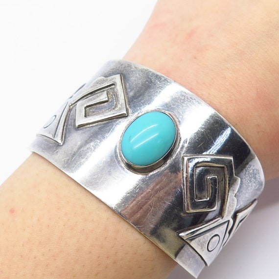 925 Sterling Silver Vintage Mexico Taxco Turquoise Gem Wide Cuff
