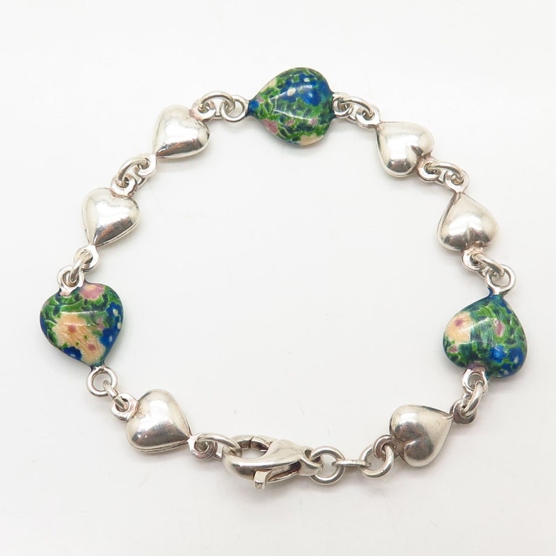 925 Sterling Silver Italy Floral Heart Link Bracelet 6.5