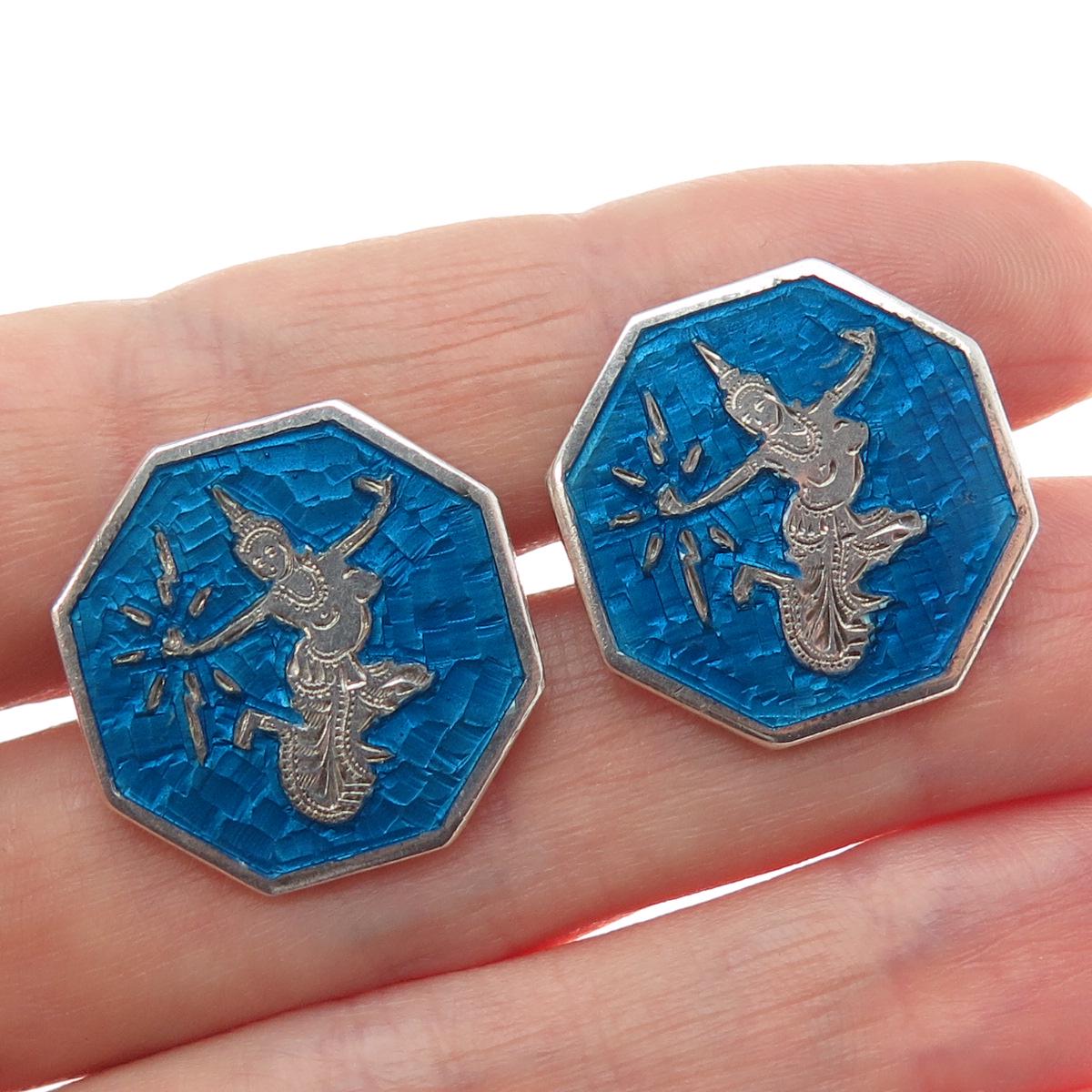 Boutons de manchette déesse hindoue antiques en émail du Siam en argent sterling 925