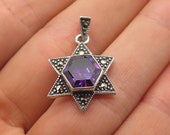 925 Sterling Silver Vintage Real Amethyst and Marcasite Gem Star of David Pendant