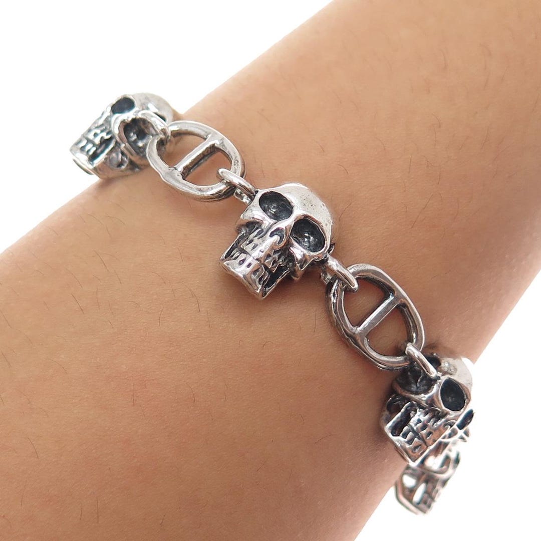 925 Sterling Silver Vintage Skull & Anchor Link Heavy 64.8g