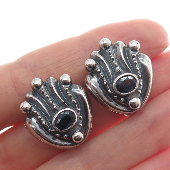 925 Sterling Silver Vintage Real Sapphire Modernist Oxidized Omega Back Earrings