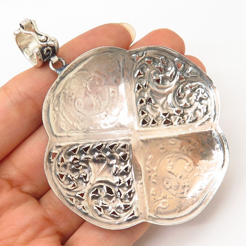 925 Sterling Silver Vintage Large Heavy Patterned Plate Pendant